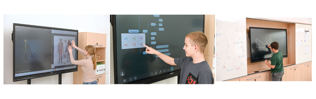 Žáci pracují s interaktivním monitorem – výuka anatomie, myšlenkové mapy a geometrie.
