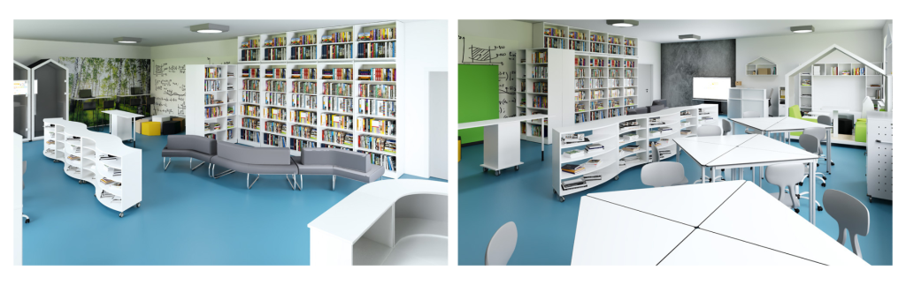 Školní knihovna s moderním nábytkem, regály plnými knih a kreativním prostorem pro čtení a studium.