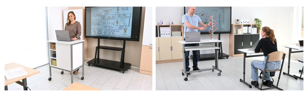 Učitelé před interaktivními obrazovkami používají mobilní výukový pult při výkladu látky.