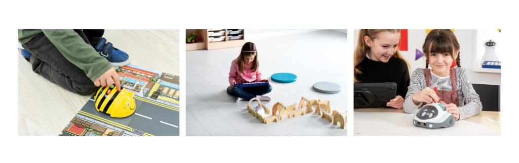 Děti si hrají a učí se s programovacím robotem Blue-Bot v mateřské škole. Pomocí tlačítek nebo tabletu ovládají robota, poznávají základy programování a rozvíjejí logické myšlení.