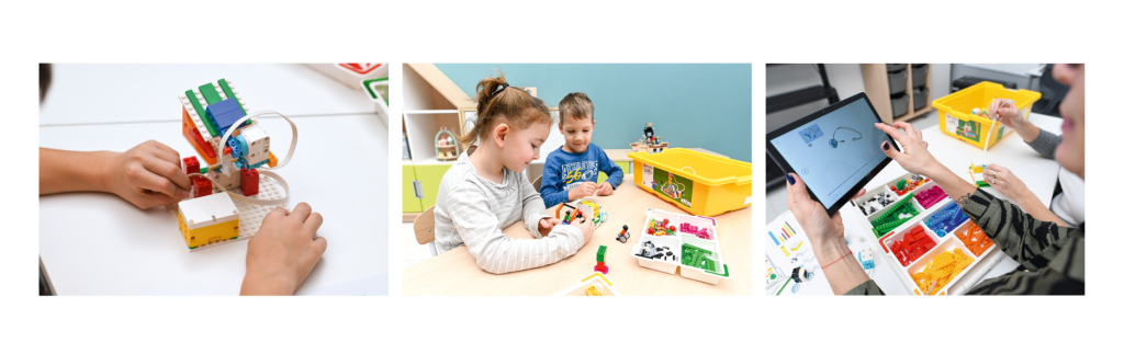 Děti pracují se stavebnicí LEGO® Education SPIKE™ Essential. Staví modely, programují je pomocí tabletu a rozvíjejí kreativitu, týmovou spolupráci i technické dovednosti.