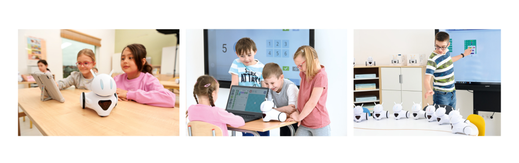 Děti ve škole programují a komunikují s robotem Photon pomocí tabletu a počítače. Učí se logickému myšlení, matematice a základem programování prostřednictvím interaktivní hry.