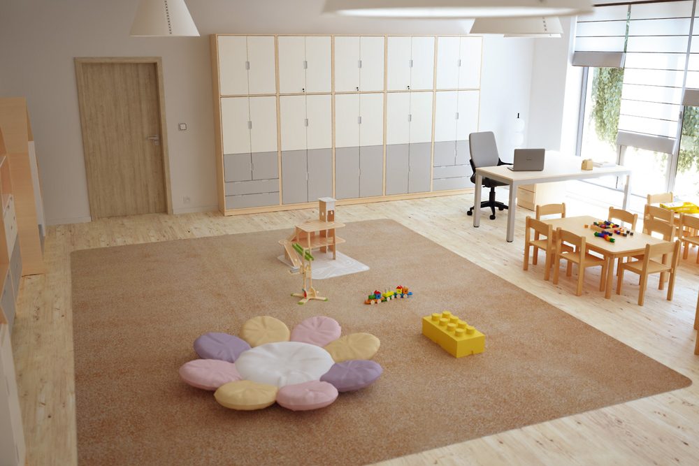 Skandinávský minimalistický interiér pro děti s jednoduchým nábytkem, přírodními materiály a neutrální barevností
